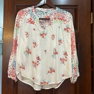 Lucky Brand Floral Boho Blouse Women L Cream Red Blue Viscose Peasant Top